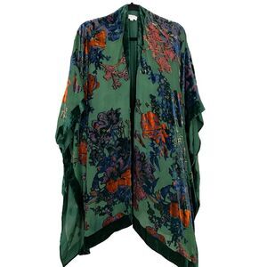 World Market Burnout Floral Ruana Velvet Kimono Women’s OSFA Open Front Green